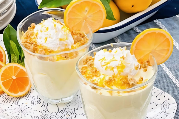 2 cups of summer lemon pie mousse surrounded by oranges