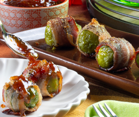 Bacon wrapped brussel sprouts on a tray