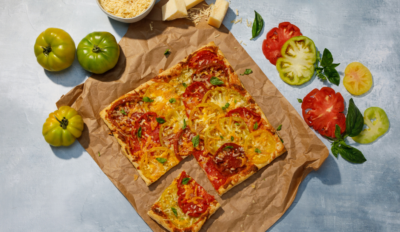 Overhead shot of three cheese summer tomato tart surrounded by green and red tomatoes and a bowl of cheese