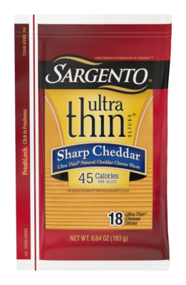 a pack of sargento ultra thin sharp cheddar cheese with red packaging