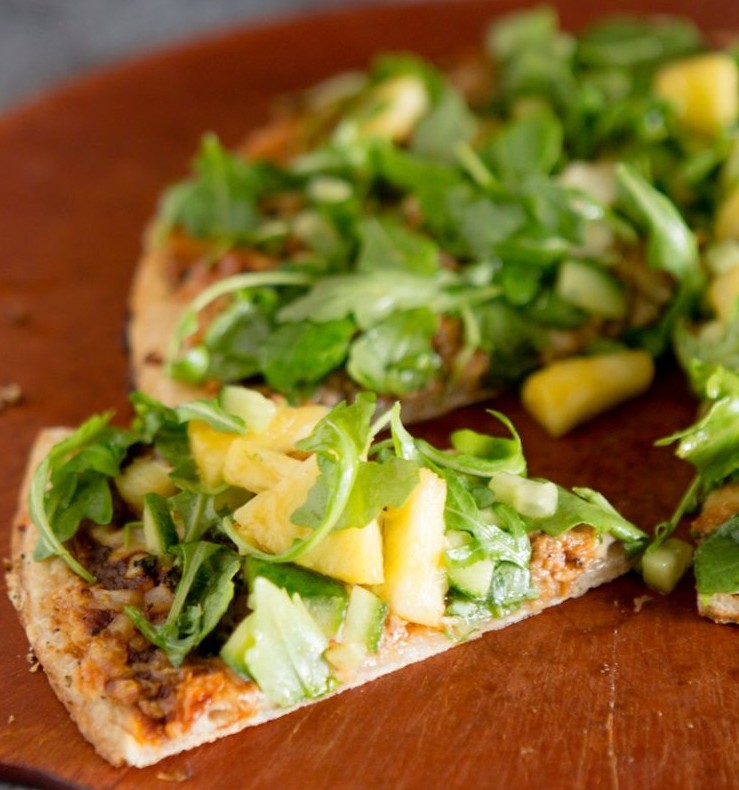 Pulled Pork Pineapple & Jalapeno Flatbread Pizza topped with Watercress and BBQ Vinaigrette