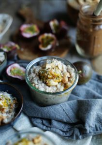 Vanilla Cashew Rice Pudding with Coconut and Passion Fruit