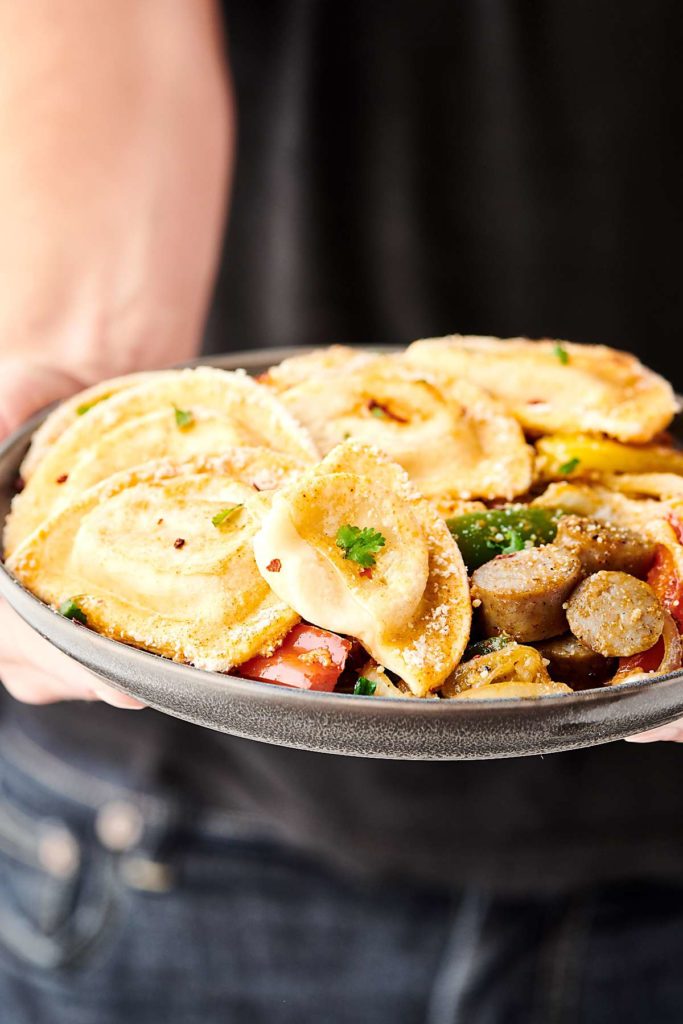 Sheet Pan Pierogies with Sausage and Peppers