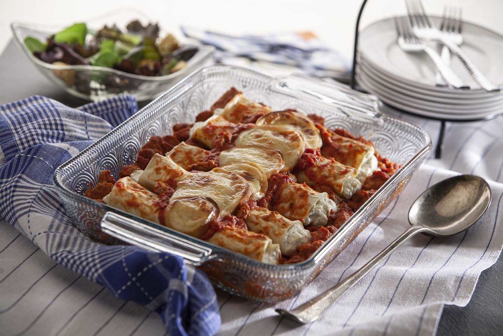 celentano cheese manicotti with italian style meatballs, marinara and smoked mozzarella