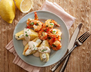 celentano cheese stuffed shells with garlic shrimp and alfredo