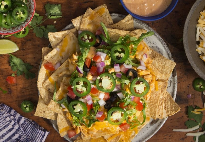 Overhead shot of a plate of nachos