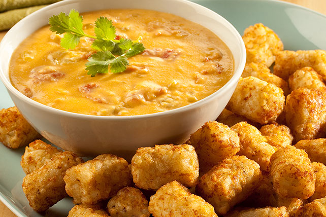 White bowl filled with queso dip with tater tots around it