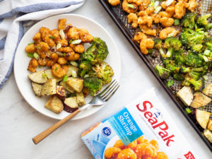 SeaPak Sheet Pan Orange Shrimp with Broccoli and Sweet Potatoes