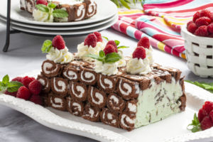 Pinwheel Ice Cream Cake displayed on white dish