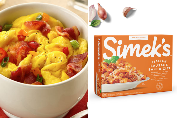 image of eggs in a cup on the left and image of a premade italian baked ziti meal by simek's on the right