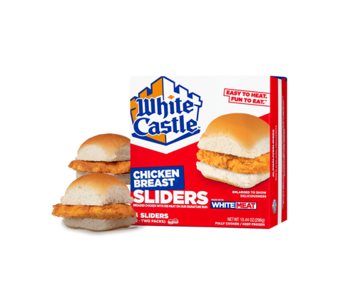 Head on photo of two chicken breast sliders next to a box of white castle chicken breast sliders