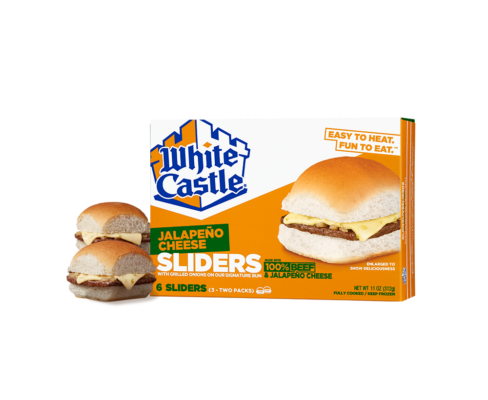 Box of white castle jalapeno cheese sliders with two