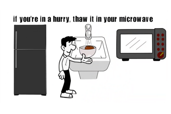 cartoon image of a man putting his food bowl into to the sink with text above that reads "if youre in a hurry, thaw it in the microwave"