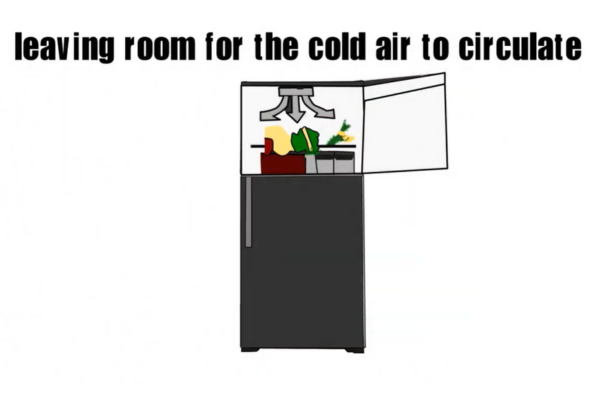 image of a refrigerator with the top freezer door opened with text above that reads "leaving room for the cold air to circulate"