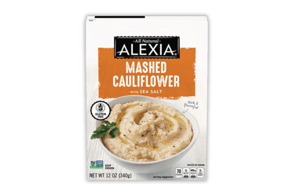 a bag of Alexia Foods Mashed Cauliflower with Sea Salt