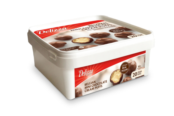 A pack of delizza belgian mini chocolate cream puffs