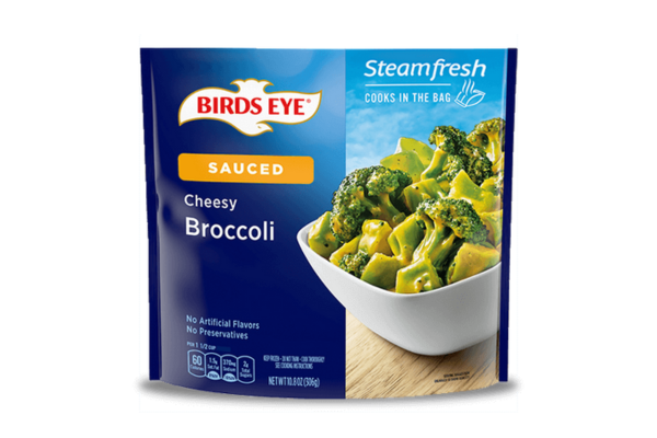 a bag of birds eye sauced cheesy broccoli