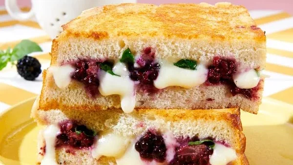 Blackberry basil grilled cheese cut in half and stacked on top of each other