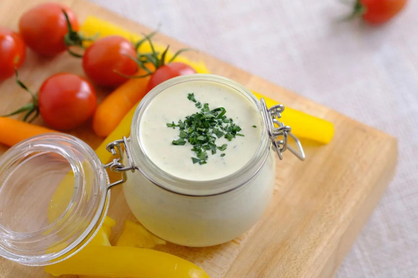 Close up image of a glass jar filled with ranch dip on top of a wooden cutting board surrounded by vegetables