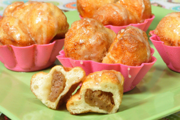 Close up image of a cut-open breakfast sausage monkey bread 
