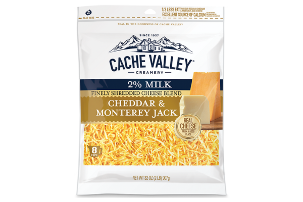 A bag of Cache Valley shredded cheddar and monterey jack cheese