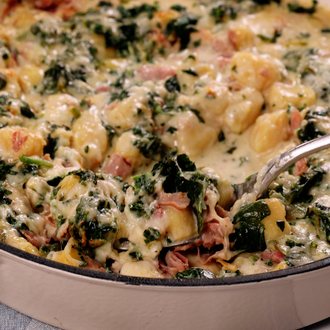 Cheesy Spinach, Ham and Gnocchi Skillet Recipe | Easy Home Meals