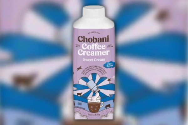 Direct shot of Chobani Sweet Cream Creamer against a blurred background