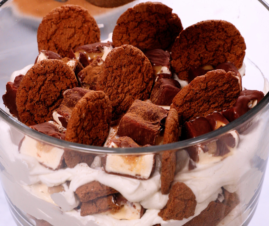 Ice cream trifle topped with gingersnap cookies