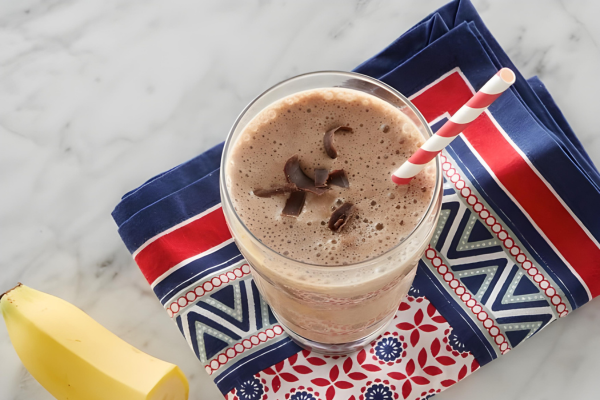 overhead view of a chocolate peanut butter banana smoothie with a red and white striped straw in it