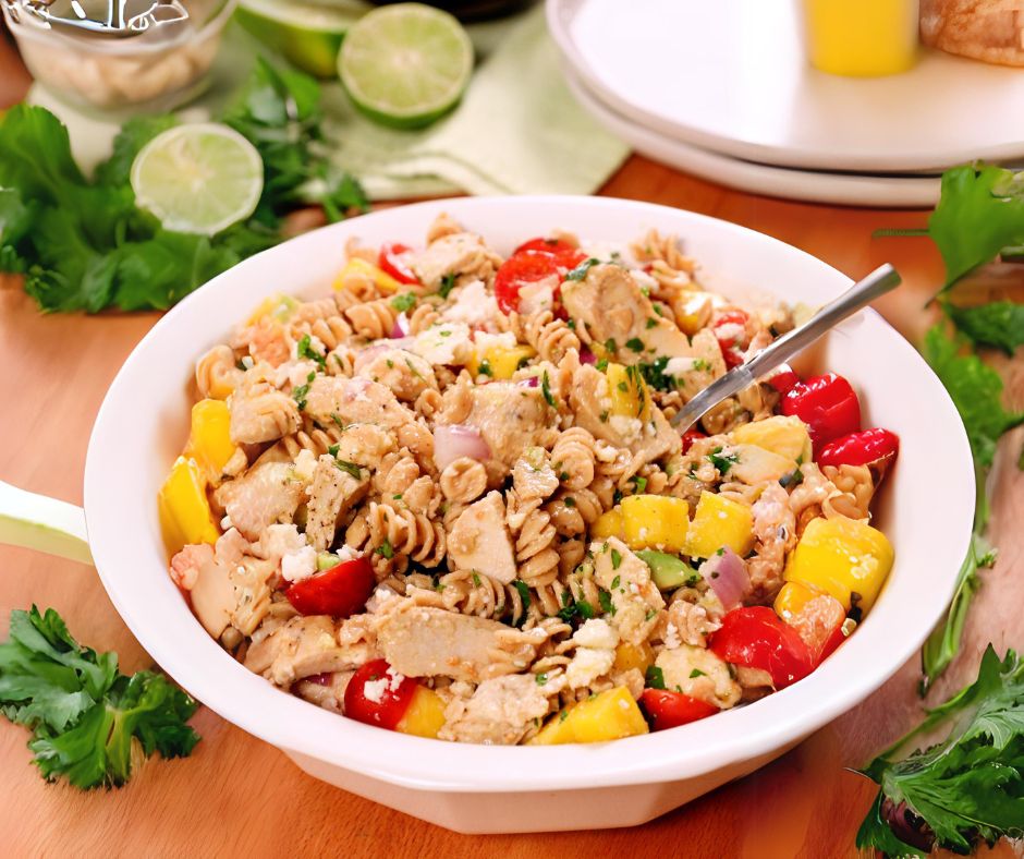 A bowl of cilantro lime pasta salad