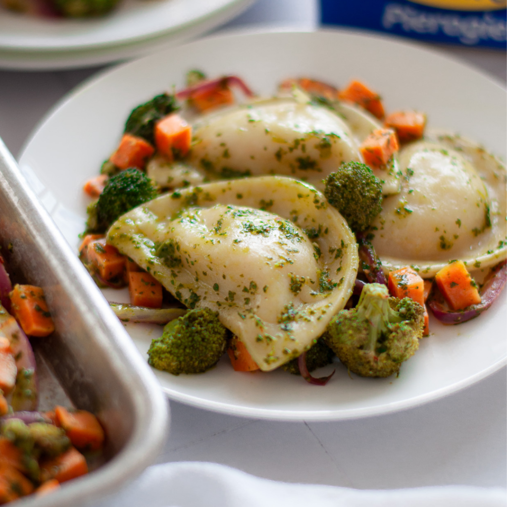 Chimichurri pierogies on a white plate