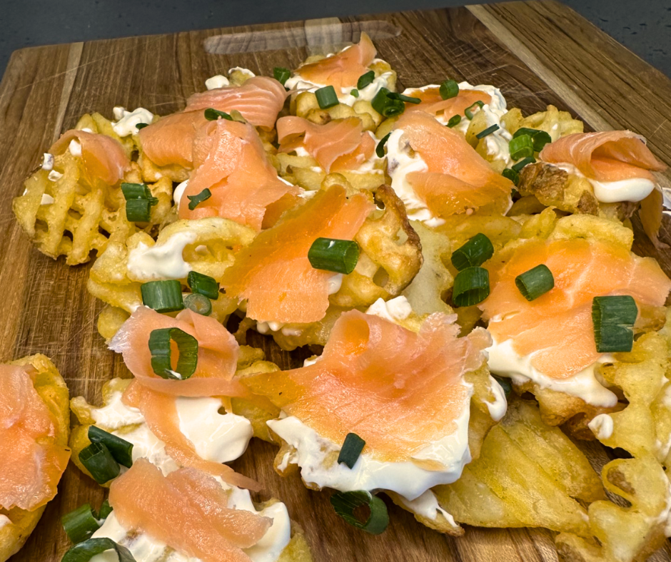 Smoked salmon on waffle fries