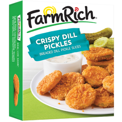 Box of farm rich crispy dill pickles against a white background