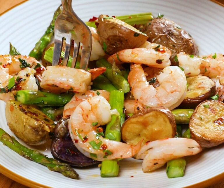 a bowl of Garlic-Butter Sheet-Pan Shrimp Dinner