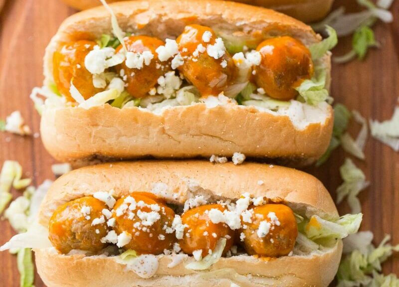 Overhead shot of two buffalo ranch meatball subs 