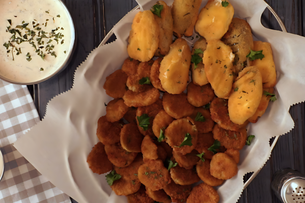 a bowl filled with fried pickles and jalapeno poppers next to a bowl of ranch