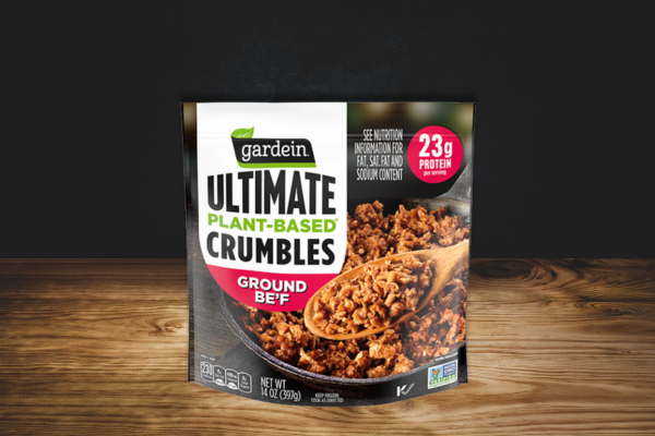 a bag of Gardein Plant-Based Ground Be'f Crumbles on a kitchen counter