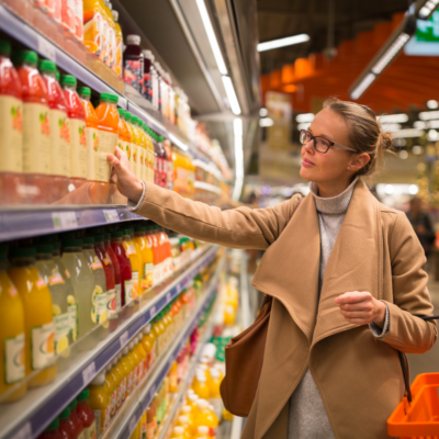 young woman shopping for her favorite fruit juice/smoothie at a grocery store