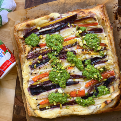 Overhead view of an Heirloom Carrot and Whipped Ricotta Tart