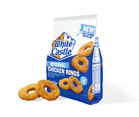 Bag of white castle original chicken rings with two chicken rings stacked in front of it