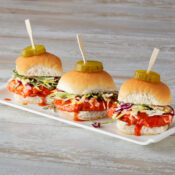 Spicy chicken sliders on a plate