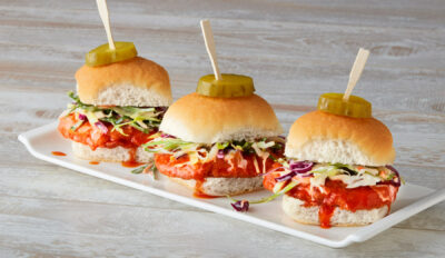 Spicy chicken sliders on a plate