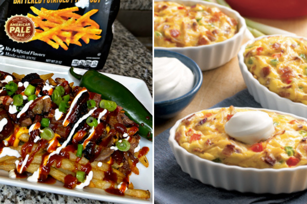 Image of a plate of fries with sauce on the left side, and an image of quiche in a bowl 