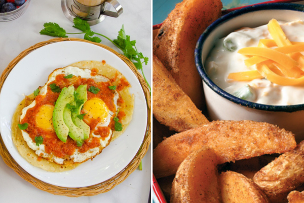 two images, one of huevos rancheros on a white plate and the other a close up of potato wedges