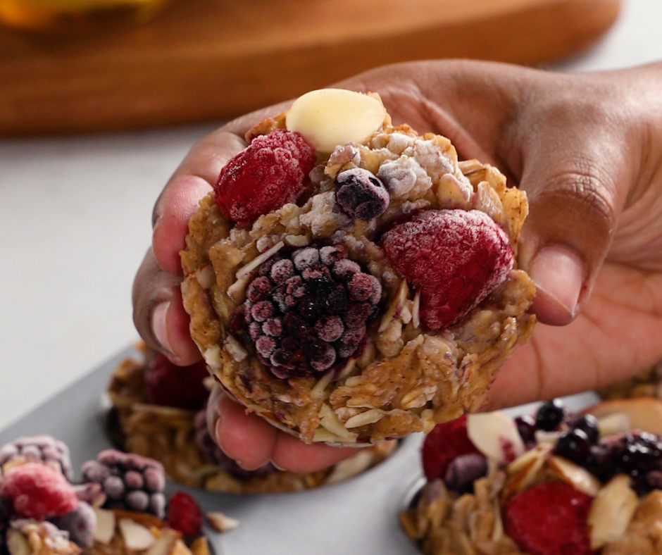 close up of an oatmeal bite being held by a hand