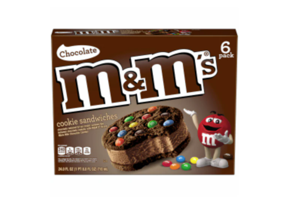 Box of M&Ms Chocolate Ice Cream Cookie Sandwich.
