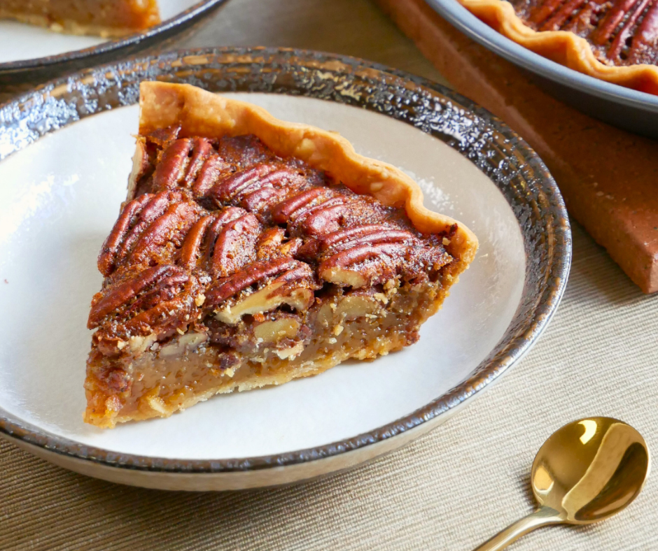 a slice of pecan pie on a plate