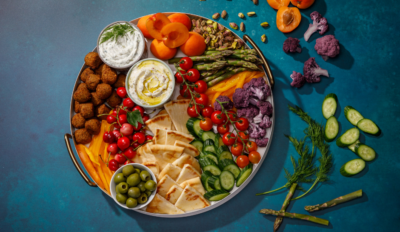 Overhead shot of large bowl filled with Mediterranean snack platter