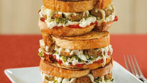 three stacked Mediterranean meatball grilled cheese sandwiches