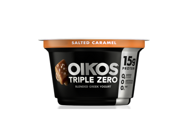 small black container of salted caramel flavored yogurt